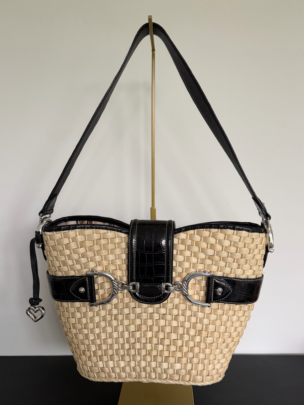 Brighton Woven Straw Black Leather Shoulder Bag Heart Charm